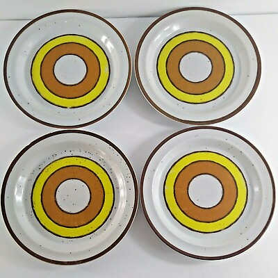 Vintage MCM Hearthstone Buffet Ware Bullseye Plates Set Of 4 Yellow Brown 8quot; $44.85