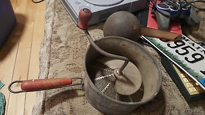 #ad ANTIQUE Food Mill with nice red wooden handles Vintage very nice $39.59
