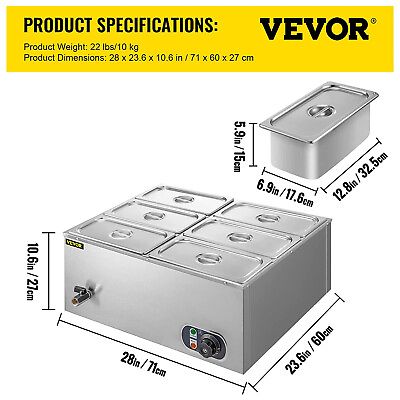 VEVOR 110V 6 Pan Commercial Food Warmer 850W Electric Countertop Steam Table $142.76