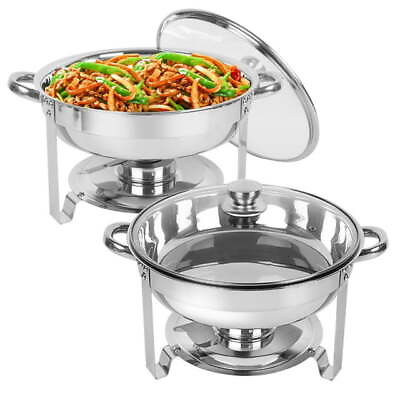 #ad 2 Set Round Chafing Dish Stainless Steel Buffet Glass Lid Chafer 5QT Food Warmer $62.69