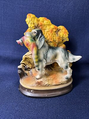 #ad Ceramic Hunting Dog with Pheasant in mouth in front of Fall Leaves Scene 1940#x27;s $85.00