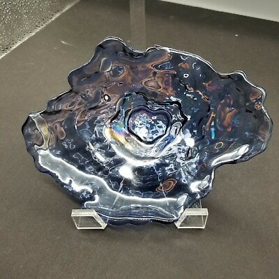 Dark Blue Iridescence Oyster Art Glass Decorative Centerpiece Dish 3D Trinket 5quot; $12.99