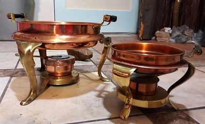 VTG SET Two Copper Chafing Dishes w Copper Burners amp; Wood Handled Pans $65.00