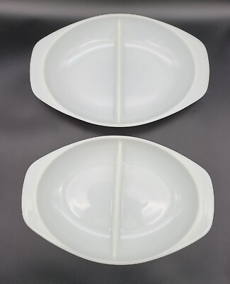 Vintage Set Of 2 Pyrex Divided Serving Dish Oval Shaped Milk Glass 13x9 $10.00