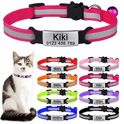 #ad #ad Reflective Breakaway Cat Collar with Bell Custom Personalized Engraved Name Tag $4.99