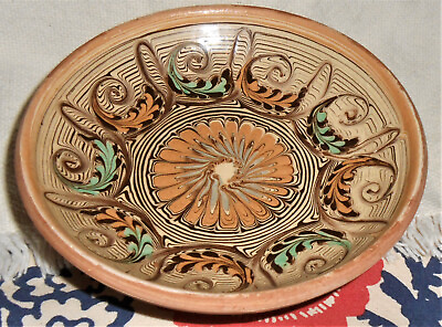 Romanian Horezu Signed Traditional Handmade Decorative Pottery Bowl Plate 1979 $64.66