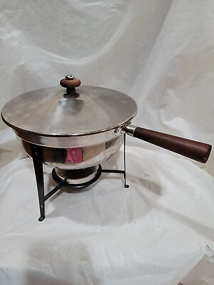 #ad VTG Mid Century Stainless Steel Chafing Dish Warming Pan Wood Handles $26.00