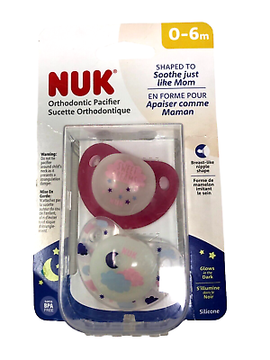 #ad NUK Orthodontic Pacifiers Girl’s Glow in the Dark 0 6 Months 2 Pack $4.76
