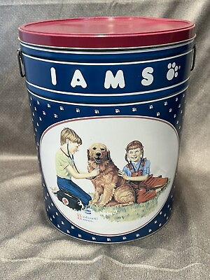 #ad Vintage Iams Dog Food Metal Tin Container w Lid Robert Gunn Art USA $39.00