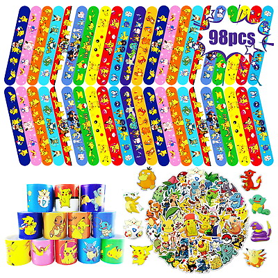 #ad #ad 98 Pcs Pokemon Slap Bracelet Sticker Set Party Favors Birthday Supplies for Kids $8.11