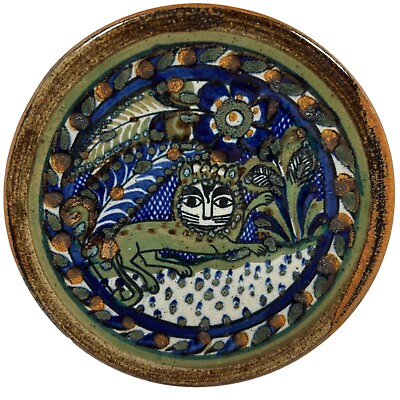 #ad VTG Tonala Folk Art Lion Pottery Plate 6” Xochiquetzel Mexico Teresa Duran $29.95