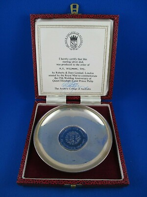 #ad 1972 Sterling Silver Dish. Commemorate the 25th Wedding Anniversary QE II AU $134.00
