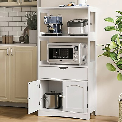 Kitchen Pantry Storage Cabinet with Microwave Storage Space and Shelves White $98.99