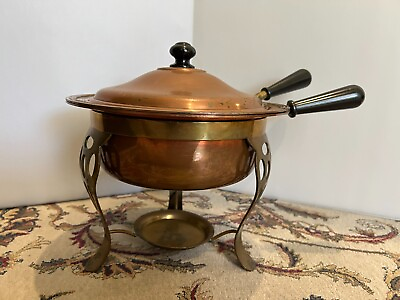 #ad Vintage Heavy Copper Chafing Dish Large Pan w Stand Buffet Server or Fondue $129.99