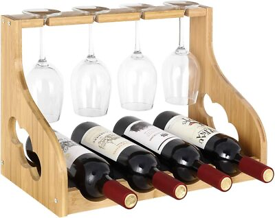 Wine Holder Countertop Wine Rack Hold 4 Bottles amp; 4 Glasses for Home Kitchen Bar $21.99