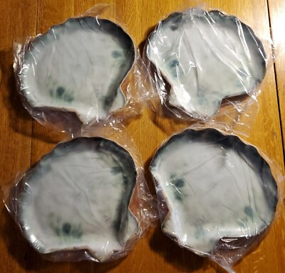 #ad Set of 4 Pottery Barn Sea Shell Shaped Melamine Salad Plates Coastal Beach Blue $19.00