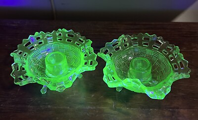 #ad 2 Fenton Green Basket Weave Uranium Glass Candle Holders Dishes $35.00
