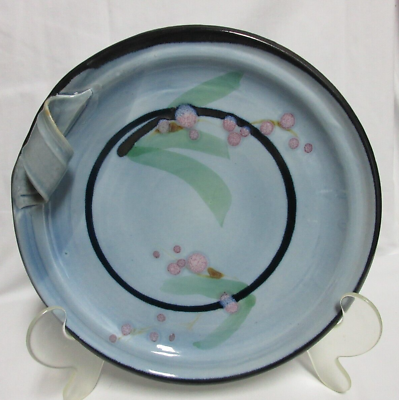 #ad Hand Thrown Artisan Pottery Plate Tray Blue Splatter Glaze Curled Handle SIGNED $14.88