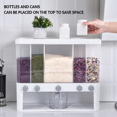 #ad 5 Grid Clear Cereal Dispenser Storage Kitchen Grain Dry Container w Lid lock $23.75