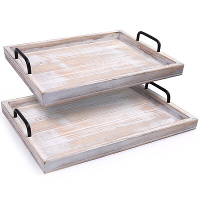 #ad #ad 2PCS Rustic Wood Serving Trays Nesting Food Trays with Metal Handles for Ottoman $26.59