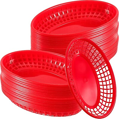 50 Pack Fast Food Baskets Red Bread Baskets Reusable Oval Plastic Food Service $32.11