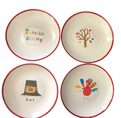 #ad Pottery Barn Kids 4 Thanksgiving Autumn Ceramic 9quot; Plates Pilgrim Hat Turkey $34.95